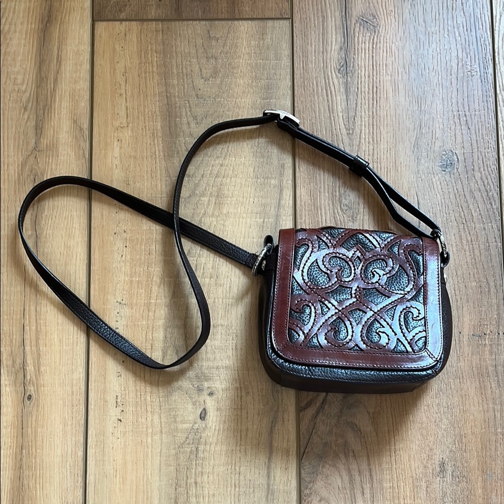 Brighton Brown and Black Crossbody Bag with Tooled Design